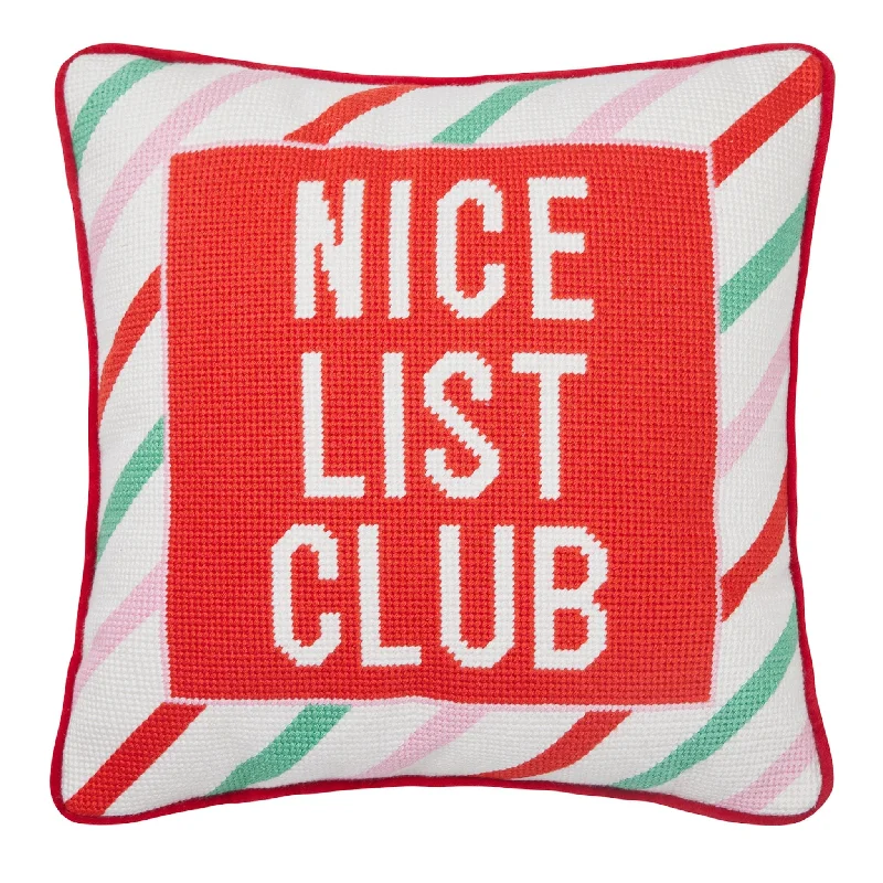 Kids Pillows with Fun DesignsThe Nice List Club Embroidered Needlepoint Pillow