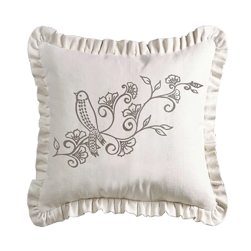 Bolster Pillows for Sofa DecorationGramercy White Weave Ruffled Pillow w/ Embroidery Detail