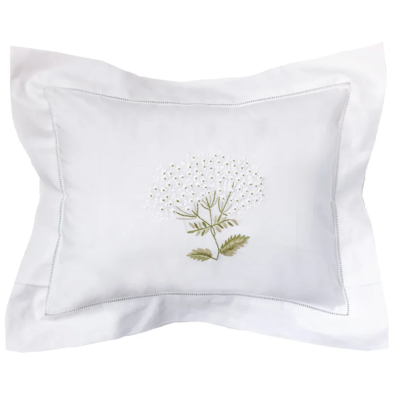 Down Alternative Pillows for Ethical ChoicesBoudoir Pillow Cover Embroidered with Hem Stitch Border in Hydrangea White