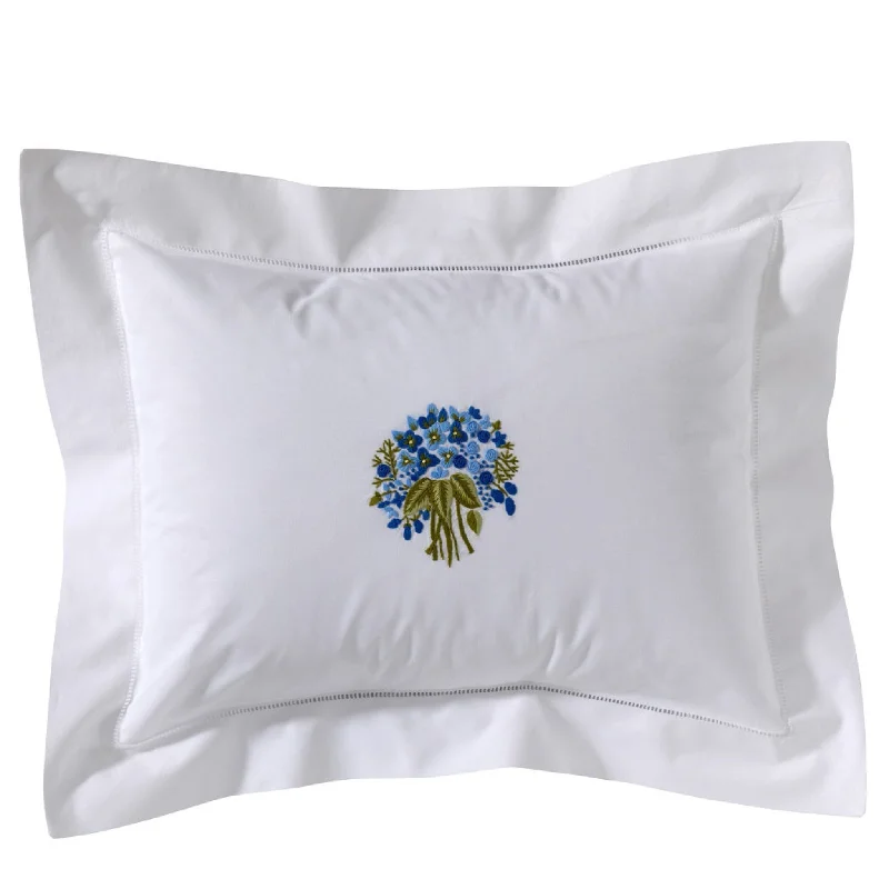 Plush Pillows for a Cozy BedBoudoir Pillow Cover with Embroidered with Hem Stitch in Floral Bouquet Blue