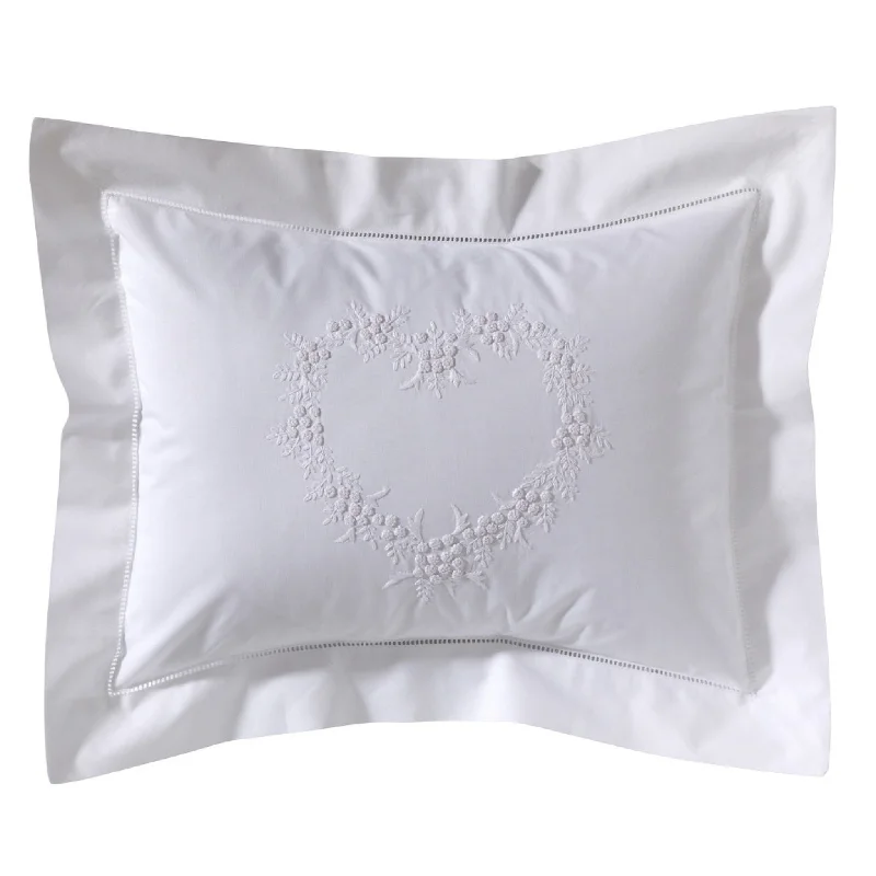 Square Pillows for Modern Home DecorBoudoir Pillow Cover Embroidered with Hem Stitch Border in Heart White