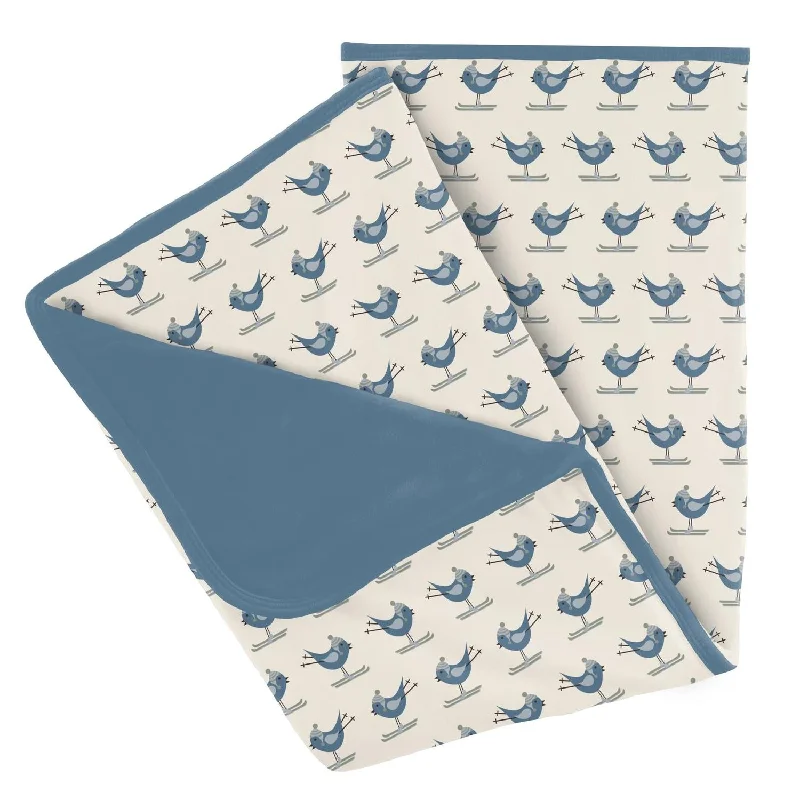 Cotton blankets for breathability and a lightweight feelBamboo Print Stroller Blanket In Natural Ski Birds