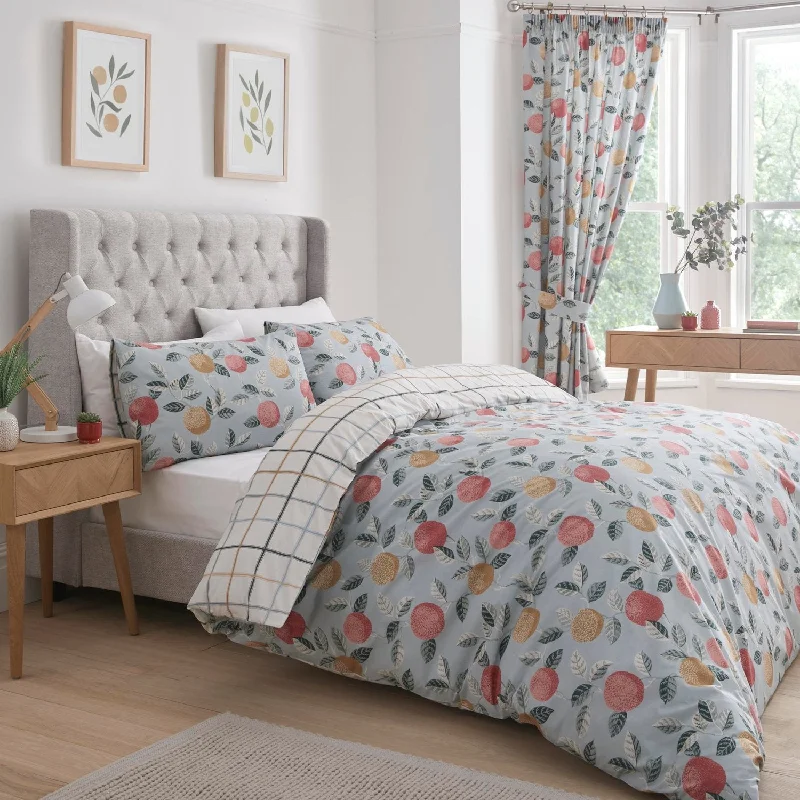 Linen duvet covers with a natural texture and breathabilityBotanical Fruits Duck Egg Reversible Duvet Set