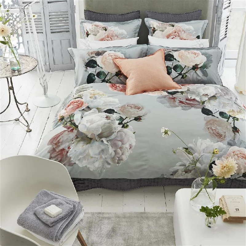 Jersey cotton duvet covers for a stretchy and comfortable fitPeonia Grande Zinc Bedding by Designers Guild