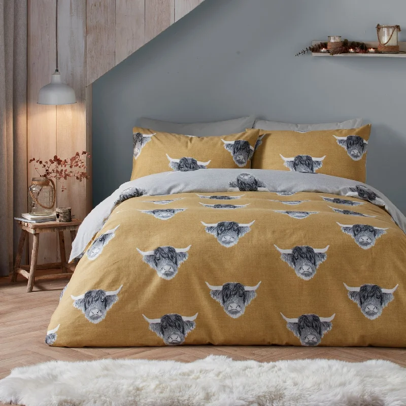 Duvet covers to match a specific bedroom color schemeHighland Cow Ochre Brushed Duvet Set