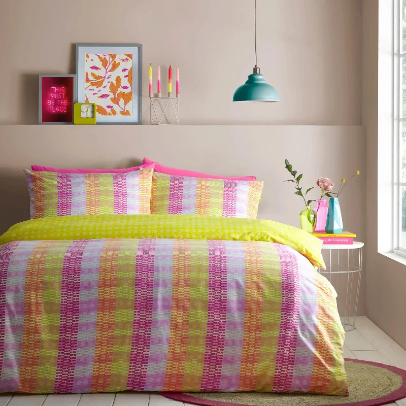 Twin - size duvet covers ideal for single beds in kids' rooms or dormitoriesNeola Abstract Neon Striped Duvet Cover Set