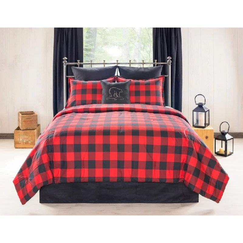 Microfiber - filled comforters that are lightweight and easy to care forBear Creek Cabin and Lodge red Plaid comforter set