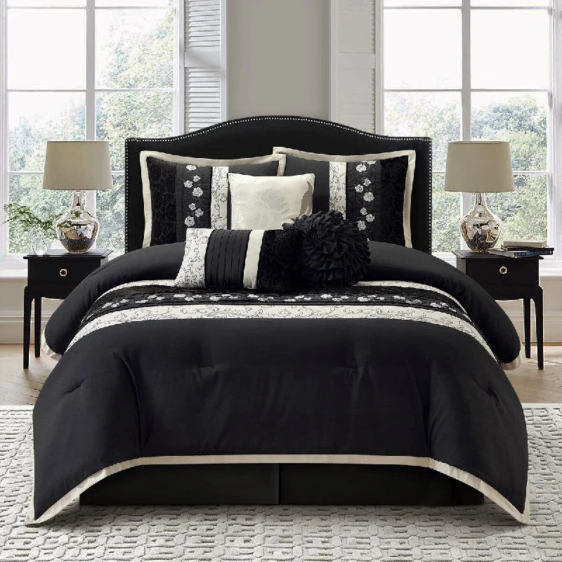 Silk - filled comforters for a luxurious and smooth touchNanshing Stella Black 7-Piece Roses Design Comforter Set