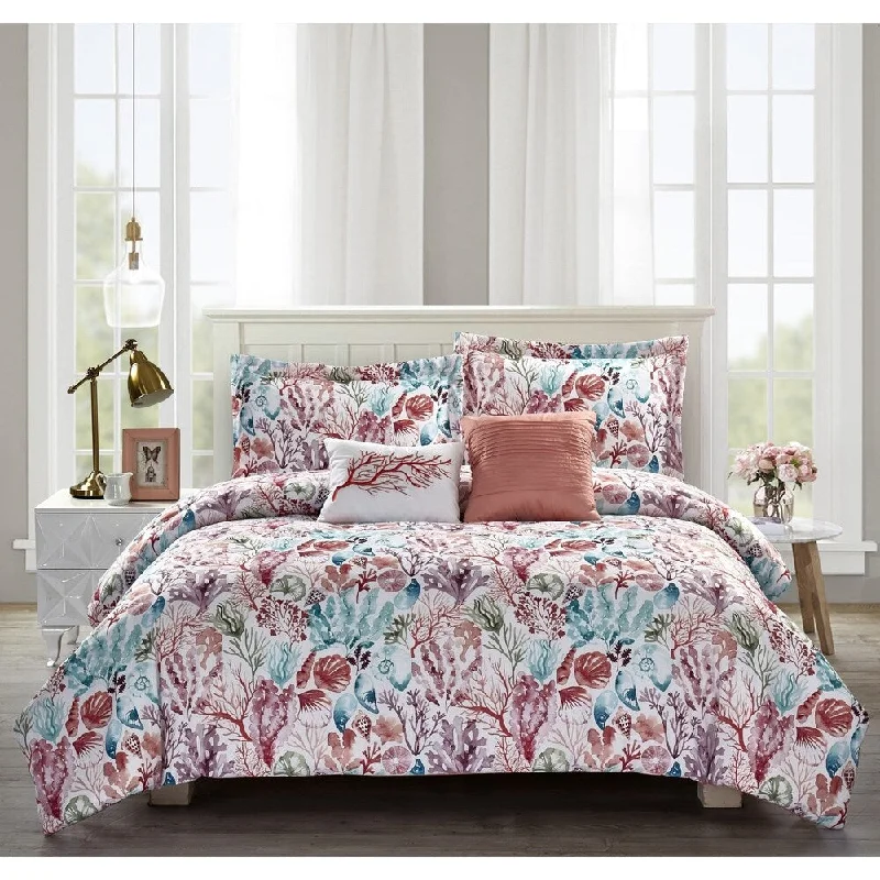 Wool - filled comforters with natural moisture - wicking and temperature - regulating featuresPorch & Den Schieffer Coral and Aqua Sea Life 5-piece Comforter Set